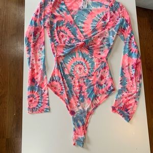 HP 🎉 UO Pink & Blue tie dye mesh Cutout Bodysuit
